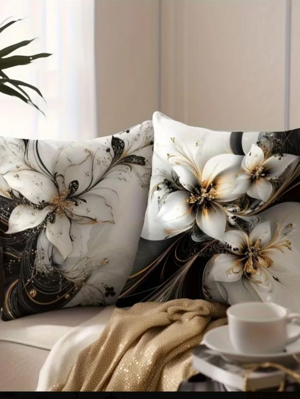 Floral Swirl Accent Pillow Cover - White, Black & Gold. Set Of 4